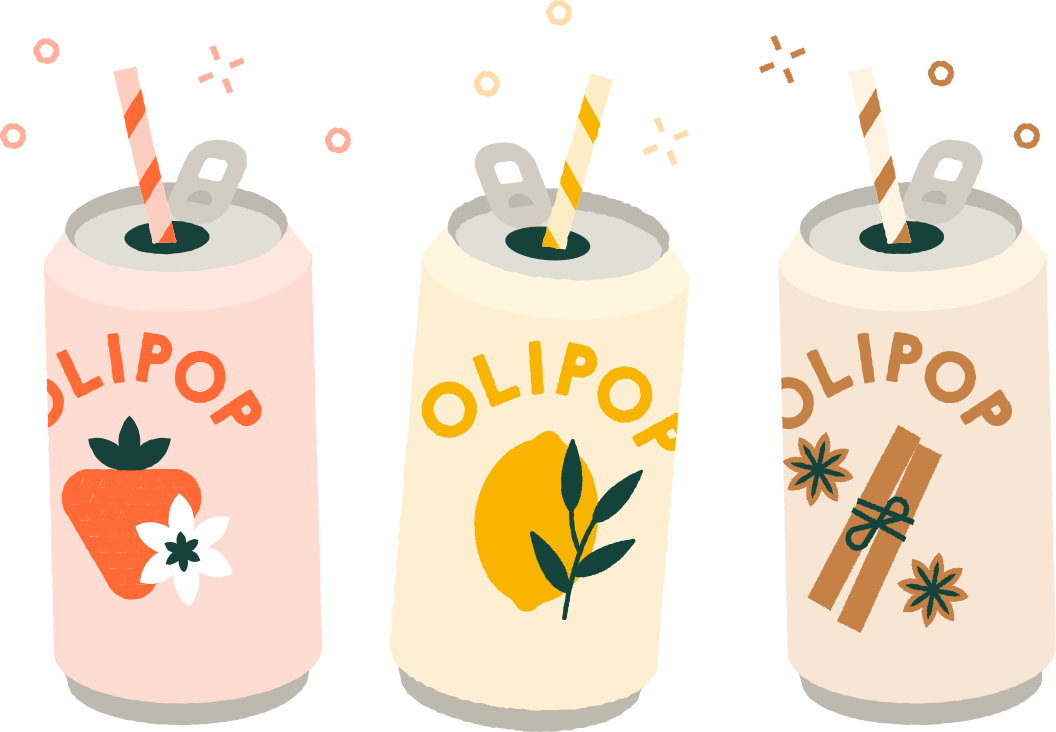 An illustration of 3 OLIPOP cans with colorful straws in each of them.